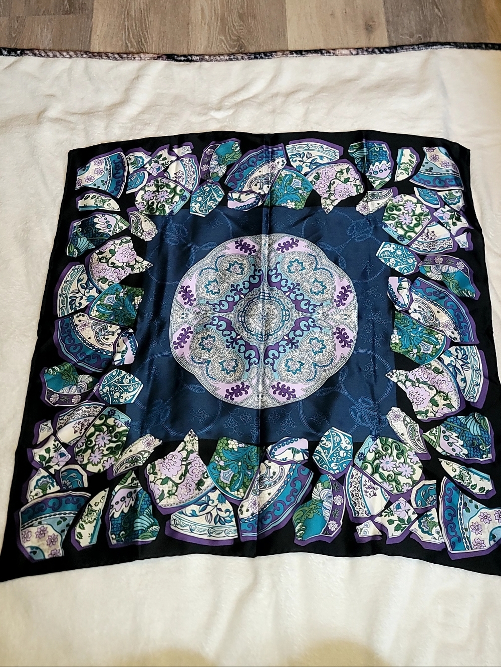 Vintage Chinese Pottery Print Blue Purple Hand Rolled Silk Scarf 26"